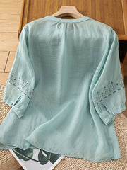 Embroidered, Artsy-retro Style, Pullover, 3/4-sleeve, Loose-fit Cotton-linen Shirt (lightweight)