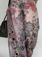 Women's Retro Floral Art Print Casual Stylish Hollow Denim Pants