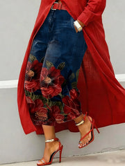 Women's Vintage Flower Art Print Casual Jeans
