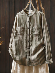 Women Spring Vintage Stripe Stand Collar 100%Cotton Shirt