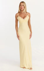 Robe longue Kyra - Robe en satin citron avec buste en dentelle et dos noué