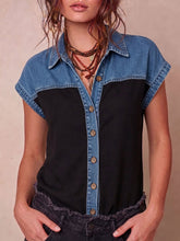 Women's Short-sleeve Casual Loose Top With Shirt Collar And Denim Splicing