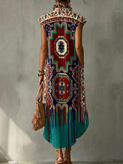 Colorful Exotic Totem Decorative Patterns Women's No Sleeve Bud Collar Linen Cotton Dress