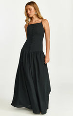 Robe longue Cortez - Robe boutonnée à encolure carrée et taille basse en noir