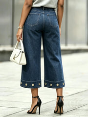 High-waisted, Gold-buttoned, Wide-leg Cropped Jeans