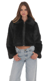 Veste courte en fausse fourrure noire