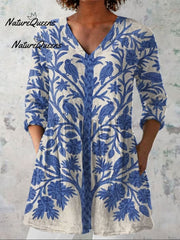 Women'sVintage Floral Art Print Casual Linen V-neck Shirt