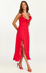 Robe mi-longue Vivienne - Robe rouge à volants avec fente et col orné d'une rosette