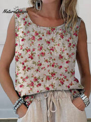 Women's Vintage Elegant Floral Art Print CasualCotton And Linen Tank Top