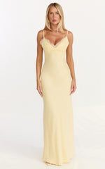 Robe longue Kyra - Robe en satin citron avec buste en dentelle et dos noué