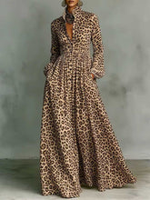 Women's Leopard Print Shirt-collar Long-sleeve Casual Loose A-line Dress