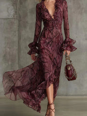 Stylish And Elegant Snake-print Chiffon Dress With Ruffled Collar