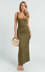 Robe Midi Benita - Robe ajustée froncée à col rond en vert olive