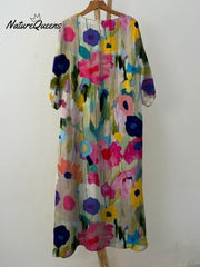 Women's Vintage Floral Art Print Pocket Cotton Dress