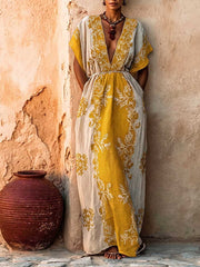 Women's Casual Loose Cotton-linen Dress With V-neck Short Sleeves And Placement Print