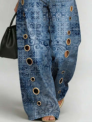 Women's Retro Floral Art Print Casual Stylish Hollow Denim Pants