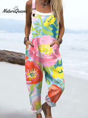Women'sVintage Floral Art Print Casual 100% Cotton Wide Leg Jumpsuit