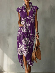 Elegant Floral Decorative Patterns Women's Casual No Sleeve Bud Collar Linen Cotton Dress