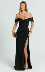Robe longue Marcel - Robe corset fendue noire à épaules dénudées