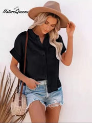 Women's cotton linen short sleeves ladies lapel buttoned shirt