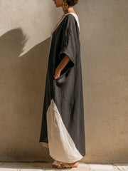 Color-block Linen-blend Loose Maxi Robe Dress