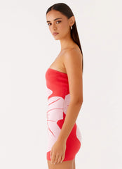 Robe courte en maille sans bretelles Kader – Rouge fleuri