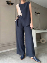 Women's Cotton-Linen Set: Round-Neck Sleeveless Color-Block Top & High-Waisted Loose-Fit Wide-Leg Pants