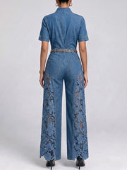 Women's V-neck Short-sleeve Cutout Lace Casual Loose-fit Wide-leg Denim Jumpsuit
