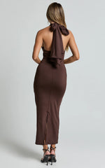 Robe midi Olenna - Robe dos nu torsadée à nouer dans le dos, coloris chocolat