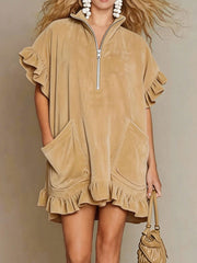 Women's Double Pockets Zipper Ruffle Sleeves Short-sleeve A-line Dress