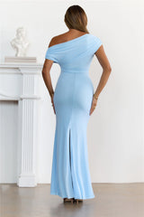 Robe longue en maille Pearl Prestige à épaules dénudées bleue