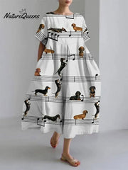 Women's Cute Dachshund Short Sleeve Linen Blend Midi Dress