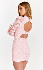 Mini-robe Kyra - Robe en dentelle rose clair à col montant et manches longues évasées