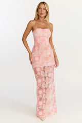 Robe longue Lima - Robe colonne bustier ornée de motifs floraux roses
