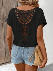 Women's Solid-color Round-neck Short-sleeve Top — Casual Loose-fit With Lace Splicing