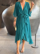 Women's Solid Color V-Neck Batwing Sleeve Casual Tie-up Ruffled Flowing Chiffon Dress