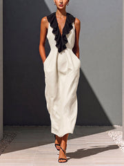 Women's Ruffled V-neck Sleeveless Casual Loose Cotton-linen Dress