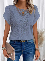Women's Crew Neck Short-sleeve Casual Loose Top With Lace Splicing