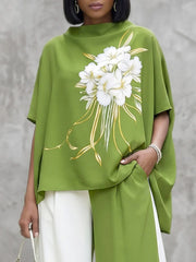 Women's Green Floral Art Stylish Casual Top And Pants Cotton Two-piece Set