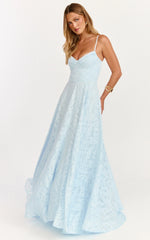 Robe longue Rachel - Robe fendue devant en jacquard, col cœur, coloris bleu glacier