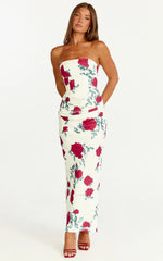 Robe Midi Dahlia - Robe Ajustée Drappée Sans Bretelles à Taille Drapée Imprimé Rose Écarlate