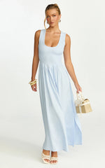 Robe longue Luciana - Robe chasuble à col tunisien bleue