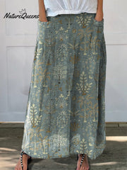 Woodland Vegetation Pattern Printed Women's Linen Elastic waistband Pocket Skirt