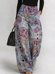 Women's Vintage Flowers Print Casual Fashion Cutout Jeans