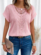 Women's Crew Neck Short-sleeve Casual Loose Top With Lace Splicing