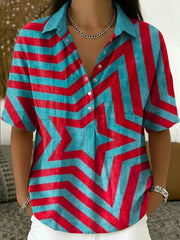Women's Retro Color-block Striped Cotton-linen Short-sleeve Shirt