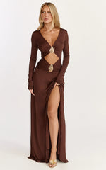Robe longue Sahara - Robe longue découpée à garniture dorée couleur Chocolat