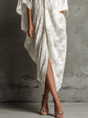 White & Beige Floral Print Kaftan Dress