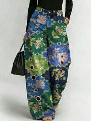 Women's Retro Flowers Pattern Printed Stylish Cutout Casual Denim Jeans