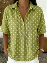 Casual Polka Dots Polo Collar Short-sleeved Linen And Cotton Shirt